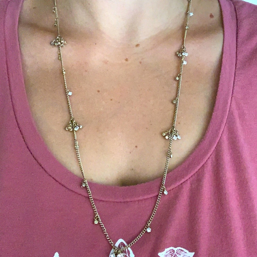 Ann Taylor long gold tone necklace with small crystals